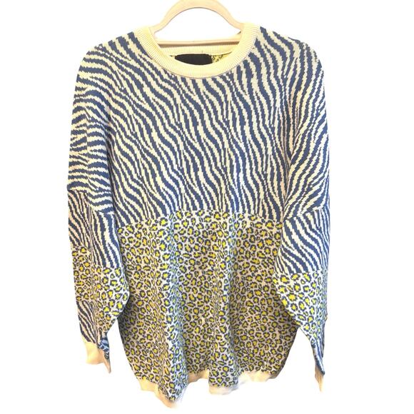Spirit Jersey NY Sweater Blue Yellow Zebra Leopard Print 100% Cotton M - Picture 1 of 8